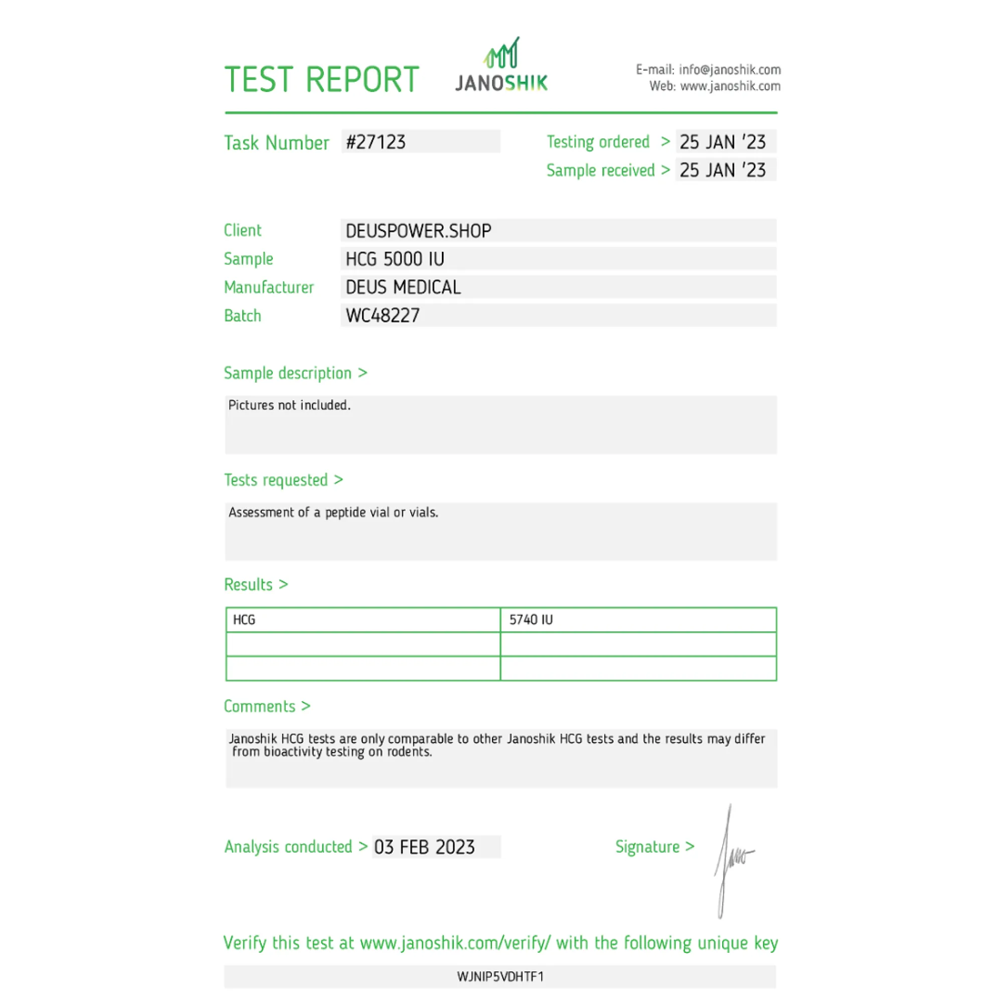 HCG (Human Chorionic Gonadotropin) 5000 IU hormone vial, Deus Medical