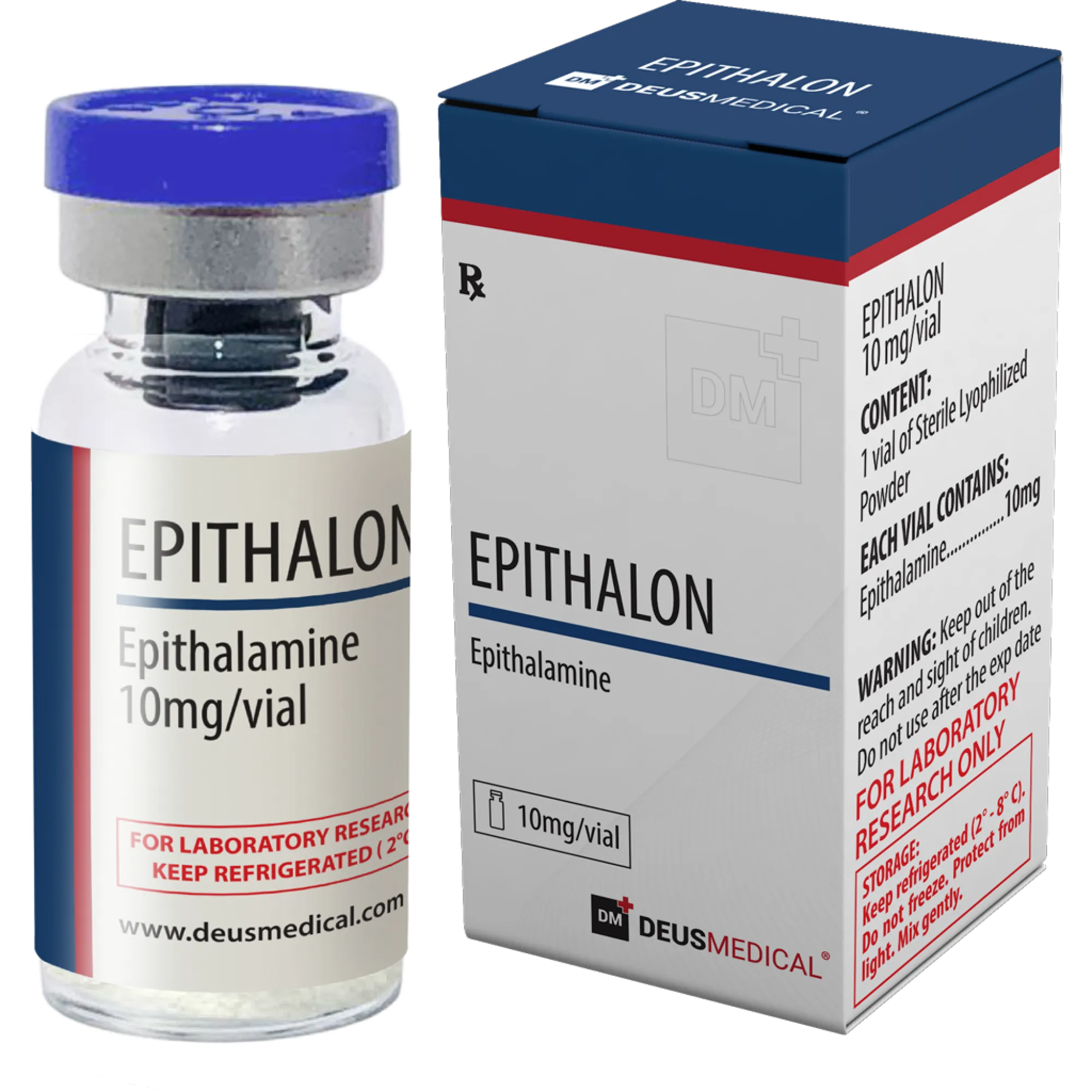 Injectable Epithalon 10mg peptide vial, Deus Medical box and sterile packaging